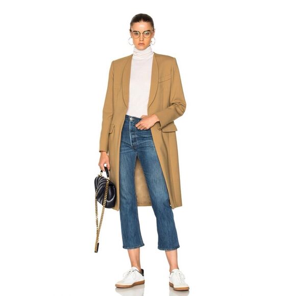 SMYTHE Sz 4 Skinny Lapel Long Wool Coat One Button in Camel Tan - Picture 1 of 12